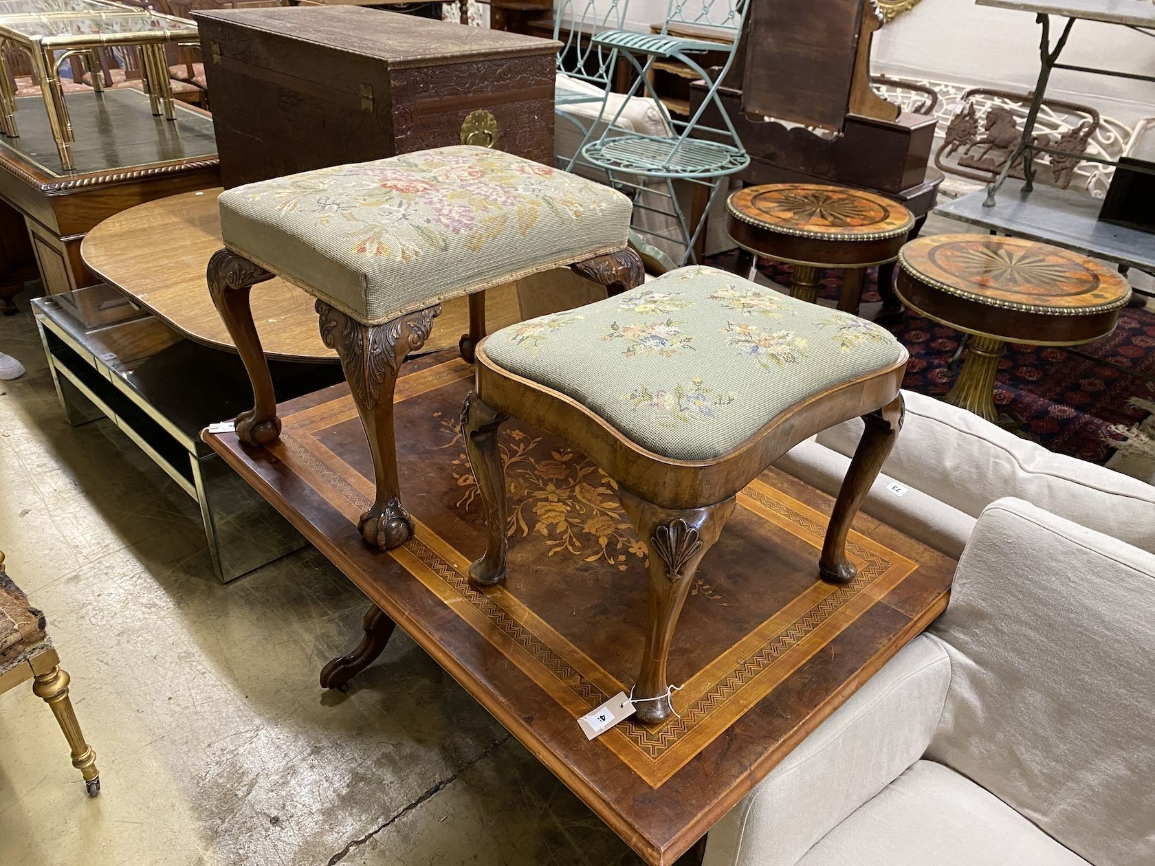 Two 18th century style mahogany and walnut dressing stools, larger width 60cm, depth 48cm, height 49cm
